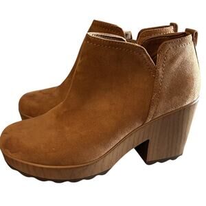 New Dr Scholl's Wishlist Booties Women's Size 9 M Faux Wood Heel FLAW Brown Tan